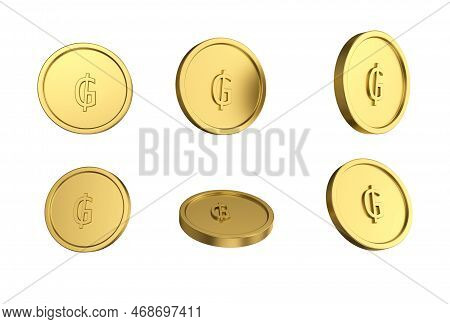3d Illustration Set Of Gold Paraguayan Guaraní Coin In Different Angels On White Background