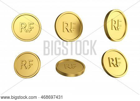 3d Illustration Set Of Gold Rwandan Franc Coin In Different Angels On White Background