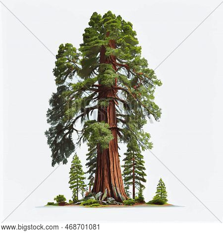 Realistic Green Tallest Tree In The World Sequoia On A White Background - Vector