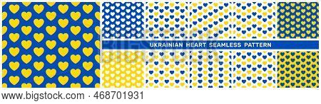 Set Of Heart Seamless Pattern In Ukraine Flag Color. Love Background Vector Graphic Illustration. Va