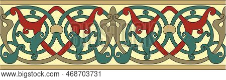 Vector Seamless Colored Gold Arabic National Ornament, Border, Frame. Endless Vegetablepattern Of Ea