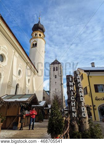 San Candido, Italy - December 30, 2022: View Of Traditional Christmas Market In The Center Of San Ca