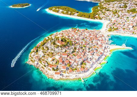 Scenic Town And Beaches Of Primosten Aerial View, Turquoise Archipelago And Historic Architecture Of