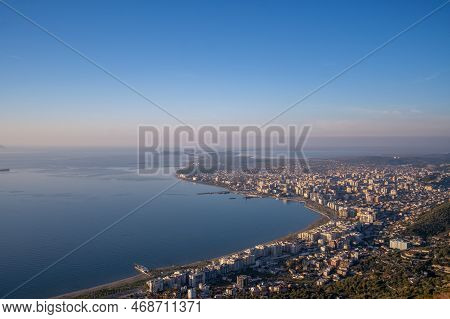 Attractive Spring Cityscape Of Vlore City From Kanines Fortress. Captivating Morning Sescape Of Adri