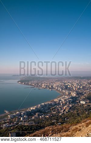 Attractive Spring Cityscape Of Vlore City From Kanines Fortress. Captivating Morning Sescape Of Adri