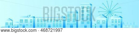 Blue Winter City In A Stretched Vertical Orientation. Cute Carousel Houses. Vector Stock Image For W
