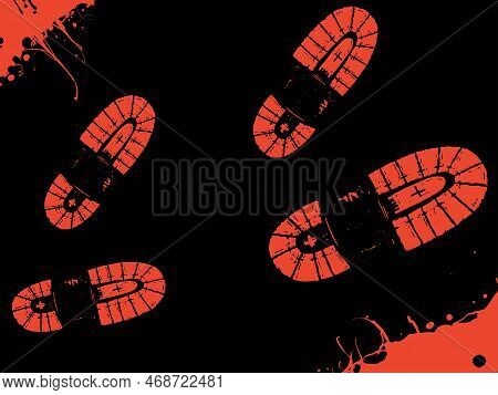 Bloody Shoe Prints With Blood Stains On A Black Background. Stock Vector Illustration With Horror Ef