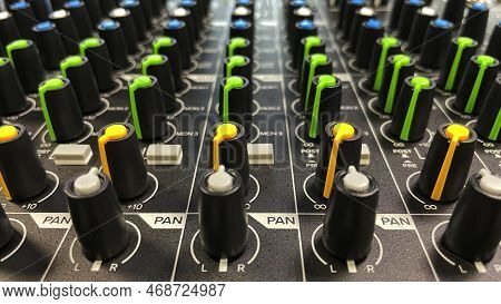 Audio Mixer, Remote Control Dj. Buttons On The Remote Control To Control The Sound. Close-up Of The 