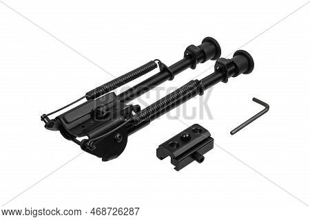 Modern Metal Folding Bipod For A Rifle Or Carbine. A Device For The Convenience Of Shooting. Isolate