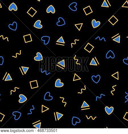Doodle Memphis Seamless Geometric Pattern With Hearts. Stylish Minimalistic Pattern Of Lines, Geomet