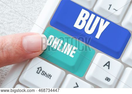 Sign Displaying Buy Online. Conceptual Photo Promotion Discount Special Offering In Gift Card