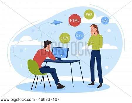 Computer Programming Concept. Man Develops Programs And Applications, Coding. It Specialist Or Progr