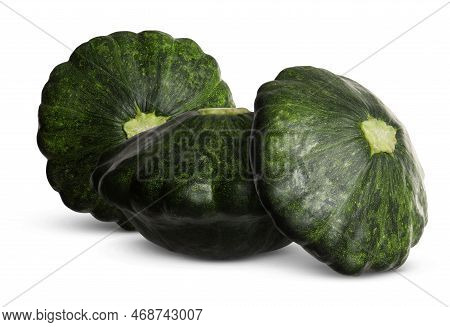Three Fresh Green Pattypan Squashes On White Background