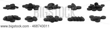 Set With Activated Charcoal Pills On White Background, Banner Design. Potent Sorbent