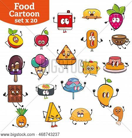 Set Of Cute Food And Fast Food Cartoon Characters Vector Illustration