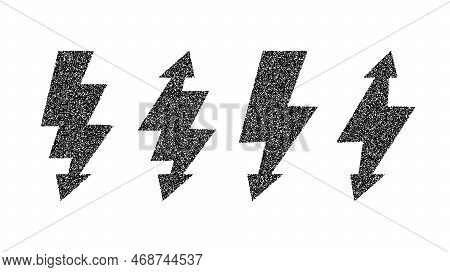 Grunge Lightning Bolt Set. Black Noise Texture Thunderbolt Collection. Stipple Flash Symbols. Dotted