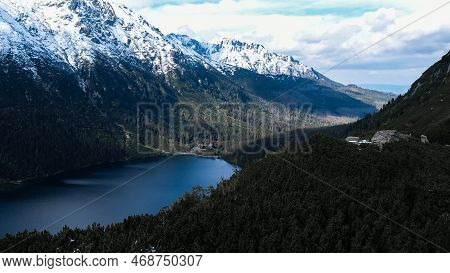 Czarny Staw Pod Rysamy Or Black Pond Lake Near The Morskie Oko Snowy Mountain Hut In Polish Tatry Mo