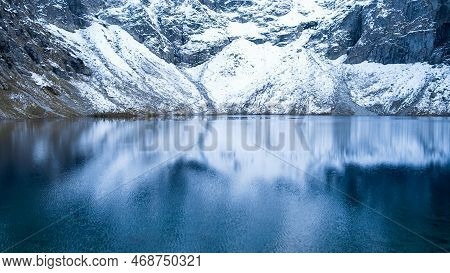 Czarny Staw Pod Rysamy Or Black Pond Lake Near The Morskie Oko Snowy Mountain Hut In Polish Tatry Mo