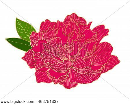 Red Velvety Peony Flower. Amazing Lush Peony Bud With A Golden Outline. Elements For The Design Of P