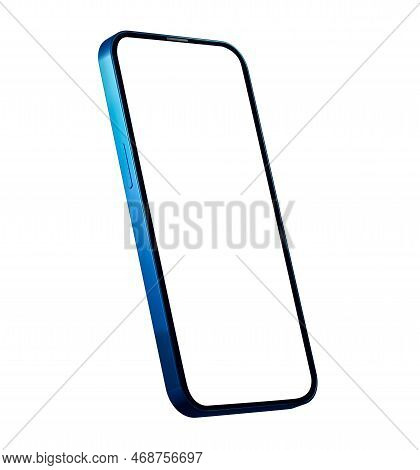 Cellphone Mockup In Rotated Position. Position. Blue Cell Phone Frame With Blank White Screen For De