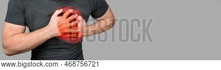 Heart Attack. Heart Shape Is On Man Body, Severe Heartache, Having Heart Attack Or Painful Cramps, H