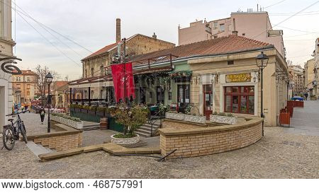 Belgrade, Serbia - March 15, 2022: Red Flag Pole Landmark At Vintage Street Bohemian Skadarlija In O