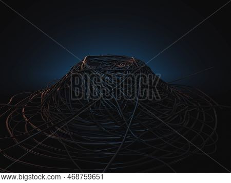 A Jumbled Huge Pile Of Black Electrical Cables Creating A Stage On A Dark Omnious Background - 3d Re