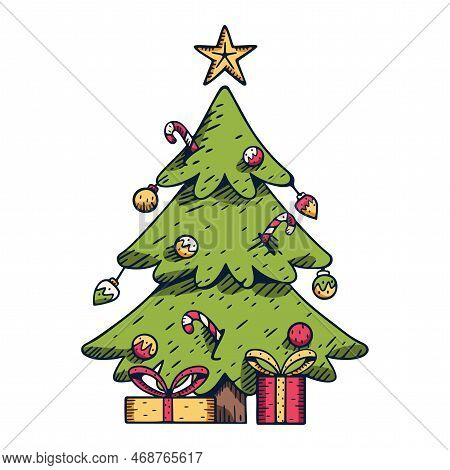 Vector Cartoon Cute Christmas Tree Illustration Isolated