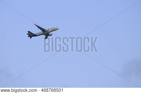 Passenger Airliner Of The Model Airbus A320 Of Vistara Airlines Ascending After Takeoff. Location: M