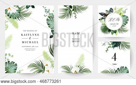 Tropical Flowers And Leaves Vector Design Cards. White Orchid, Magnolia, Dried Fern, Emerald Monster