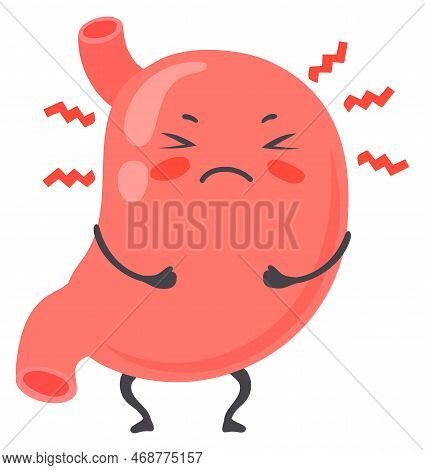 Stomach Pain. Red Mascot With Suffering Face Isolated On White Background