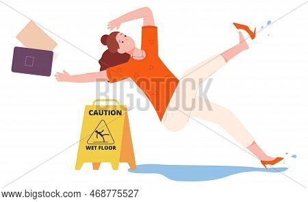 Woman Slip On Wet Floor. Person Falling Down Isolated On White Background