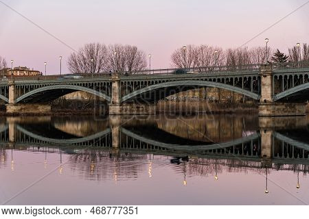 Enrique Estevan Iron Bridge Reflected On The Tormes River At Sunset