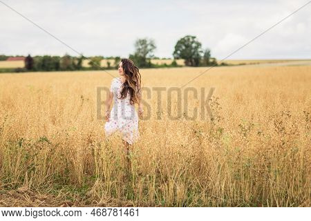 Young Woman In White Midi Dress Walking Across The Field With Ripe Golden Ears Of Chickpeas. Beauty 