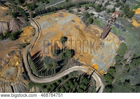 Drone Aerial Of Copper Mine With Red Toxic Land. Environmental Pollution Nature Contamination Mitser