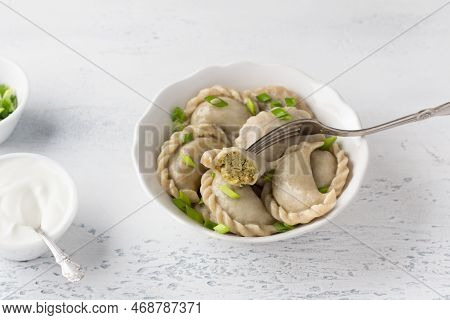 Homemade Vegan Dumplings, Vareniki, Pierogi, Kreplach Stuffed With Vegan Lentil 