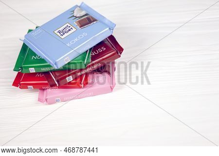 Kharkiv, Ukraine - December 8, 2020: Ritter Sport Chocolate Product. Ritter Sport Company Was Founde