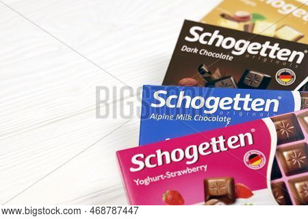 Kharkiv, Ukraine - December 18, 2020: Schogetten Chocolate Packs. Dark Chocolate Produced By Ludwig 