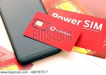 Ternopil, Ukraine - July 5, 2022: Vodafone Power Sim Mobile Card By Vodafone Group Plc - British Mul