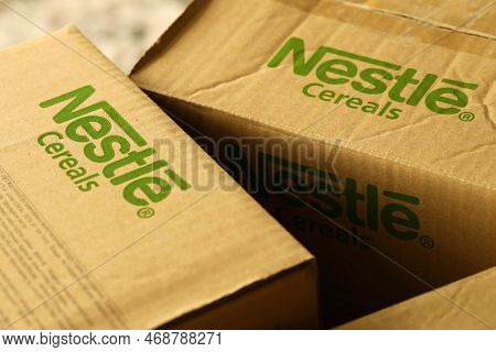 Kyiv, Ukraine - May 4, 2022 Big Cardboard Boxes With Logo Of Nestle Company. Porduction Storage Of N