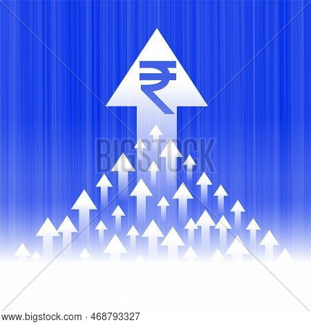 Digital Indian Rupee Rising Value With Grow Up Arrow Background Vector