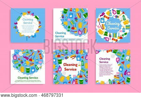 Cleaning Service Social Media Post Internet Advertising Set Vector Illustration