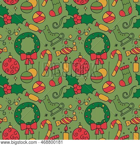 Seamless Texture From New Year Icons, Christmas Symbol. Pattern From Hand Drawn Winter Olidays Icons