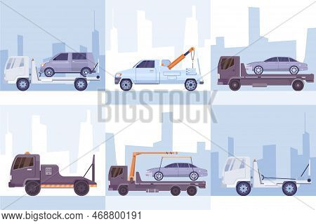 Car Evacuation Six Square Compositions Set Of City Tow Trucks Towed Auto Transport Flat Vector Illus