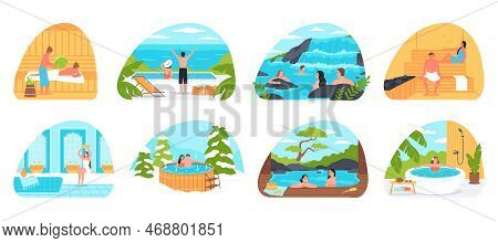 Relaxing And Bathing Compositions Set Of People Steaming In Steam Room Relaxing In Wooden Jacuzzi In