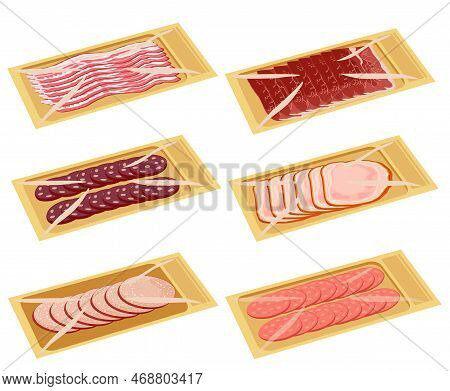 Cartoon Meat Delicacies Trays. Keeping Food In Polyethylene Whole Package Tray, Plastic Pack Superma