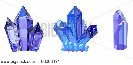 Violet Crystals. Rough Glowing Rocks Stalagmites, Isolated Jewelry Precious Or Semiprecious Gemstone