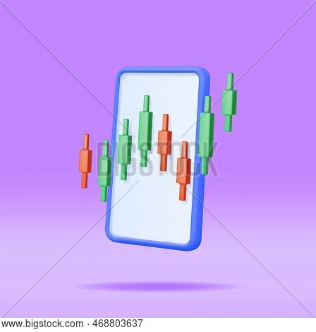 3d Growth Stock Diagram On Mobile Phone. Render Stock Candle On Smartphone Shows Growth Or Success. 