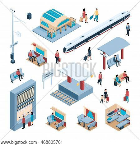 Railway Isometric Icons Set Of Station Building Schedule Board Modern High Speed Train Isolated Icon