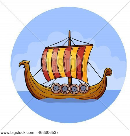 Viking Boat At Sea. Nordic Drakkar, Swedish Warship. Longship With Oars. Cartoon Scandinavian Sailbo